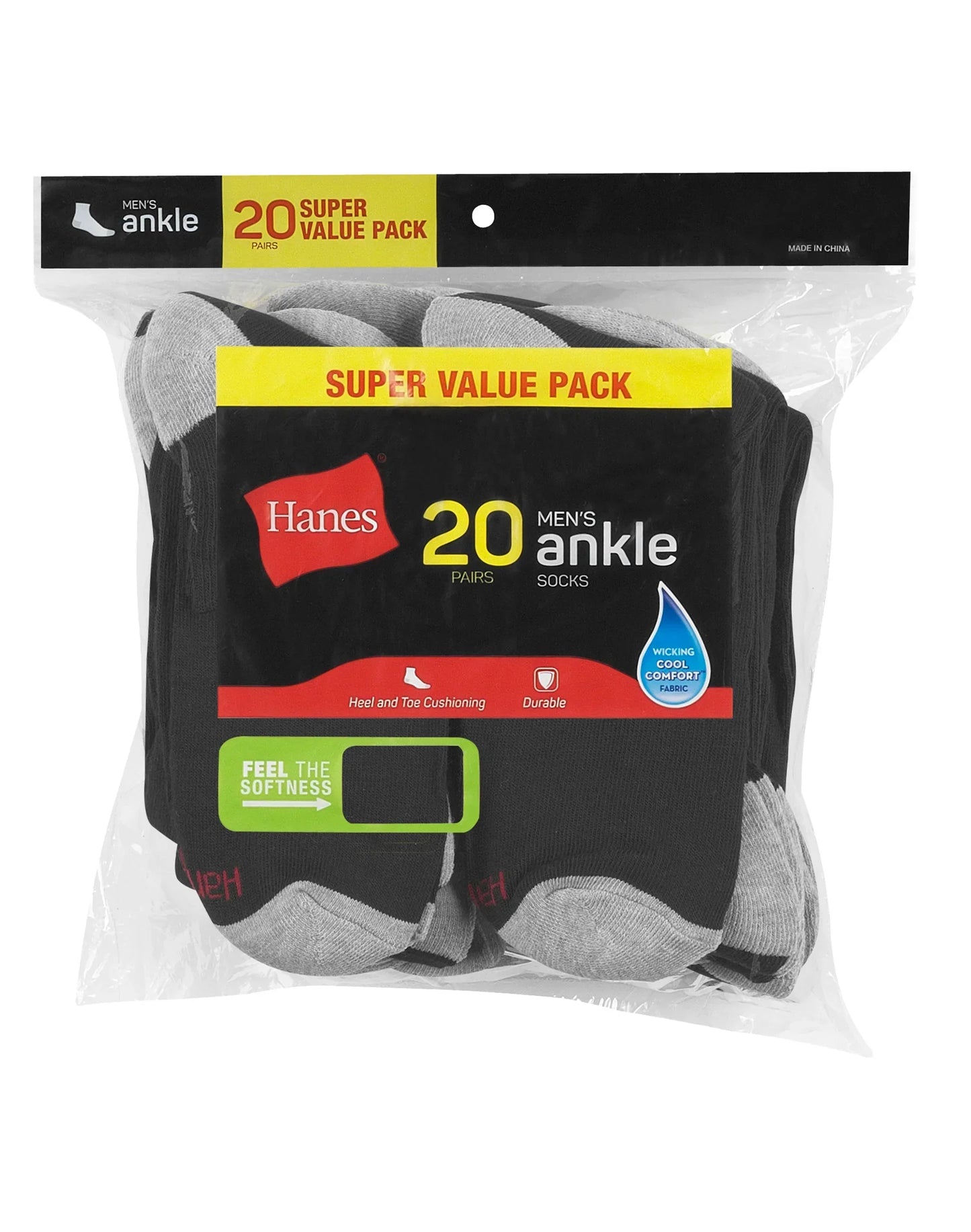Hanes Men&rsquo;s Cushioned Ankle Socks Pack, 20 Pairs, Moisture Wicking