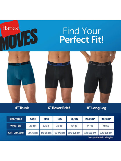 Hanes Moves Ultimate Men&rsquo;s Anti-Chafe Boxer Brief Underwear, X-Temp, Assorted, 4-Pack, 6"
