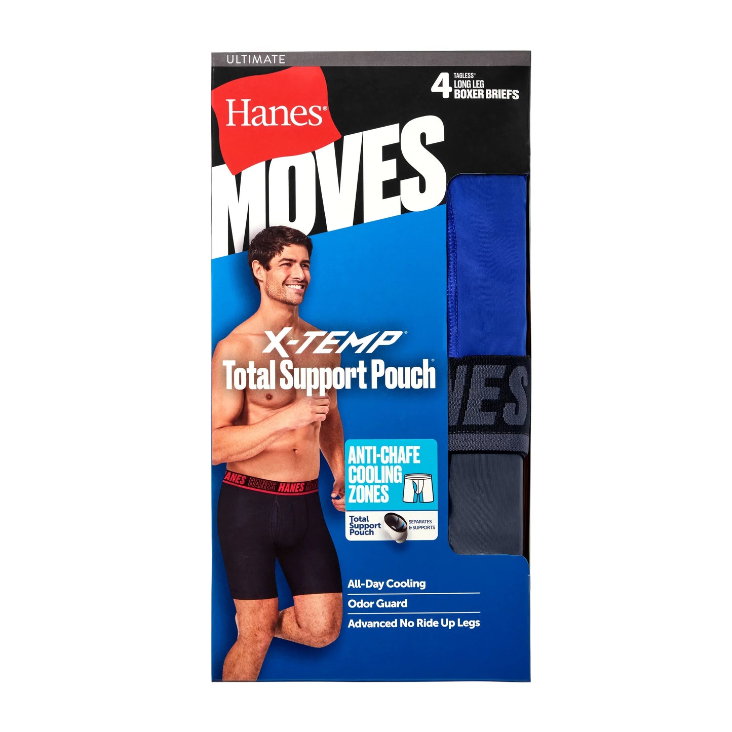 Hanes Moves Ultimate Men&rsquo;s Anti-Chafe Long Leg Boxer Brief Underwear, Total Support Pouch, X-Temp, Black/Grey/Blue, 4-Pack, 8&rdquo;