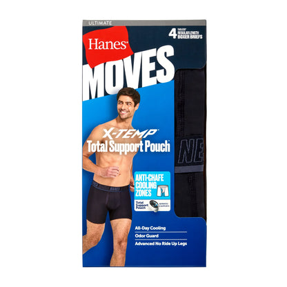 Hanes Moves Ultimate Men's Anti-Chafe  Boxer Brief Underwear, Total Support Pouch, X-Temp, Black, 4-Pack, 6"