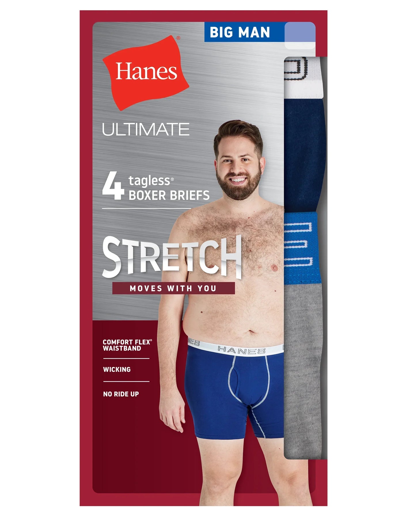 Hanes Ultimate Stretch Cotton Big Men’s Boxer Brief Underwear, Assorted, 4-Pack (Big &amp; Tall Sizes)